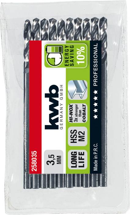 Satz Metallbohrer von 'kwb Germany' 3,5 mm, HSS Qualität, Länge 50 mm, acht Stück in Plastikverpackung, Energieeinsparung 10%.