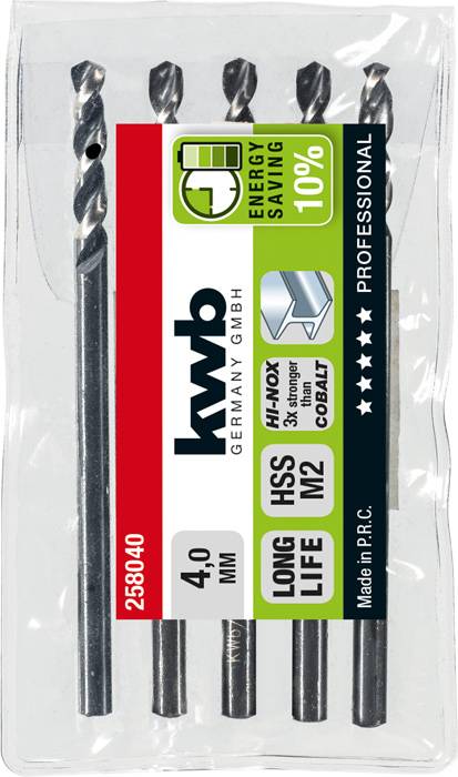 Vier Metallbohrer in einer transparenten Verpackung, Etikett zeigt: 'kwb', '4,0 mm', 'HSS', 'LONG LIFE', 'ENERGY SAVING 10%', 'PROFESSIONAL'.