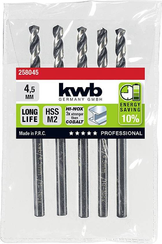 'kwb Germany GmbH' 4,5 mm Bohrer-Set, 5 Teile. HSS M2 Stahl für lange Lebensdauer. Energieeinsparung 10%. Hergestellt in P.R.C.