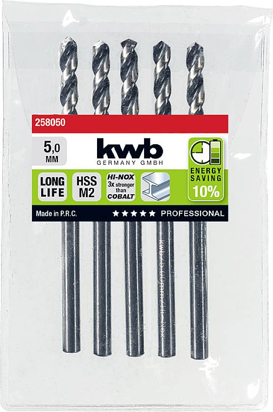 Bohrer-Set in Verpackung, Marke KWB, 5 mm, 5 Stück. Merkmale: 'Long Life', 'HSS M2', 'Hi-Nox', energiesparend, hergestellt in P.R.C.