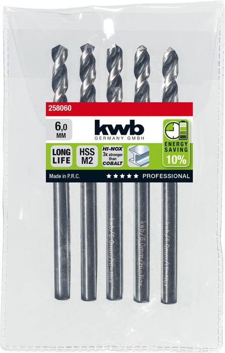 Kwb 258060 HSS Spiralbohrer 1 Stück 6mm Gesamtlänge 93mm M2 DIN 338 Zylinderschaft 1St.