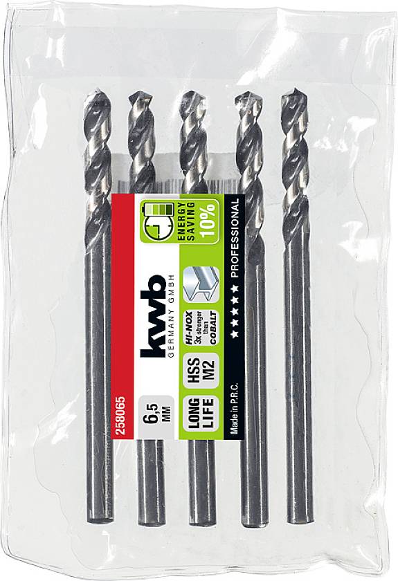 Fünferpack HSS Spiralbohrer von kwb, 6.5 mm Durchmesser, geeignet für Metallbearbeitung, in durchsichtiger Plastikverpackung.