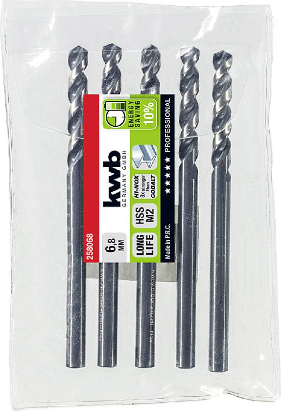 Packung mit fünf HSS-Bohrern, 6,8 mm Durchmesser, geeignet für Metall. Verpackung mit Produktdetails und Markenlogo.