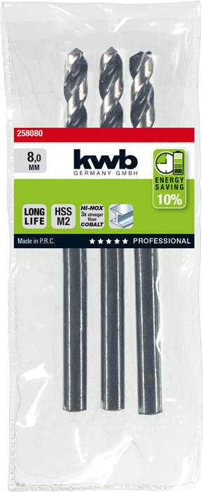 Drei Metallbohrer von 'kwb Germany' im verpackten Zustand, Durchmesser 8,0 mm, HSS M2 Qualität, energie- und langlebig, hergestellt in PRC.
