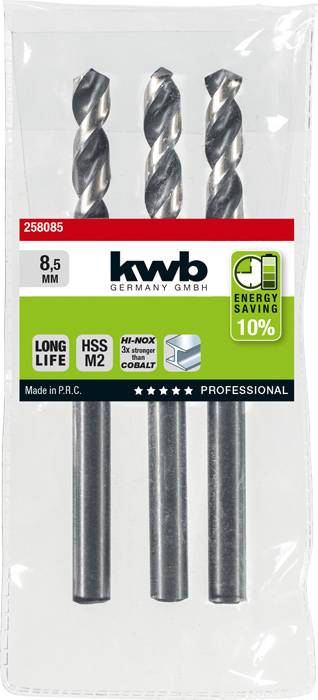 Drei Bohrer von KWB, Größe 8,5 mm, aus HSS M2 Material für längere Lebensdauer. Energieeinsparung 10%. Verpackt im 3er-Set.