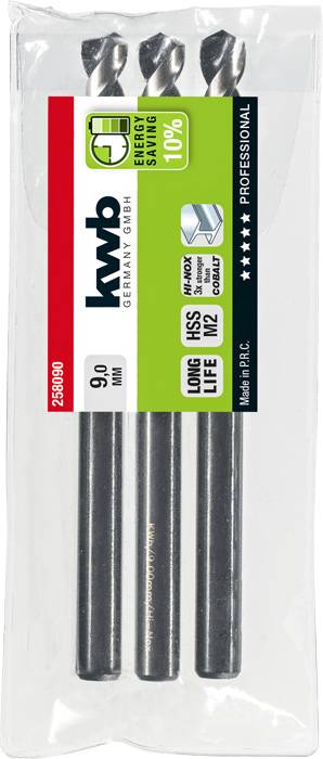 Drei schwarze Bohrer in einer durchsichtigen Verpackung, beschriftet mit 'kwb Germany', 'Energy Saving 10%', 'Long Life HSS'.