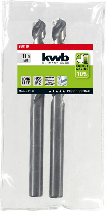 Zwei Metallbohrer in einer transparenten Verpackung. Das Etikett zeigt: 'kwb Germany GmbH', Größe 11,0 mm, 'HSS M2', Energieeinsparung 10%.