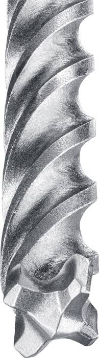 Nahaufnahme eines metallischen Bohrers mit spiralförmigen Schneiden, die Details der Schneidkanten und der Beschaffenheit des Metalls zeigen.