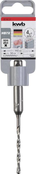 Ein grauer Bohrer mit 4 mm Durchmesser, geeignet für Beton, Mauerwerk und Gestein. Verpackung zeigt Markenname 'kwb'.