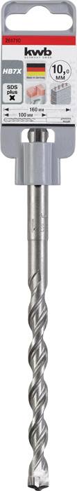 Bohrer der Marke 'kwb', Modell 'Hammerbohrer SDS-plus HB7X 10x160 mm', geeignet für Beton. Made in Germany.