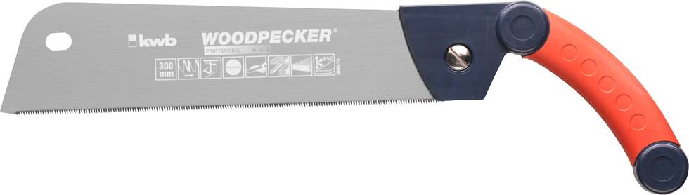 Eine Handsäge mit rotem Griff und grauer Klinge, gekennzeichnet mit 'WOODPECKER'.