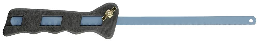 Metallsäge mit schwarzem, ergonomischem Griff und blauem Sägeblatt. Geeignet für präzises Schneiden von Metall.