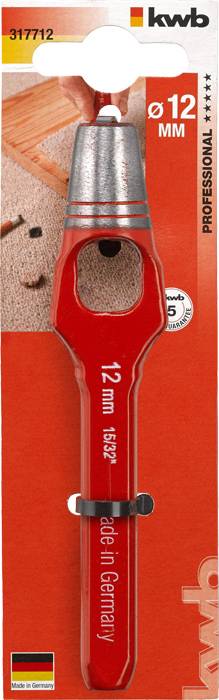 Lochstanze von 'kwb professional', Größe 12 mm, rot, auf rotem Hintergrund. Verpackung zeigt Bild der Anwendung.