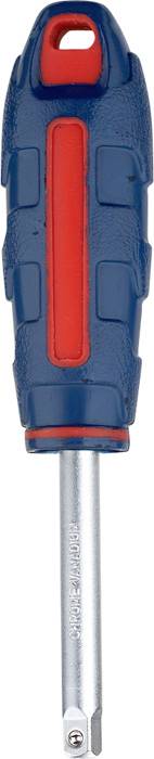 Ein blauer und roter Schraubendreher mit ergonomischem Griff, geeignet für Allzweckreparaturen.