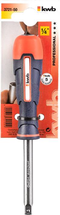 Schraubendreher 'kwb Professional' mit rutschfestem Griff und austauschbarer Klinge, auf einer roten Verpackung gezeigt.