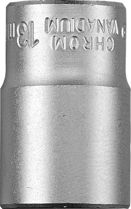 Eine silberne Stecknuss mit der Inschrift 'CHROM VANADIUM 13 mm', die auf einer Seite um 180 Grad gedreht ist.