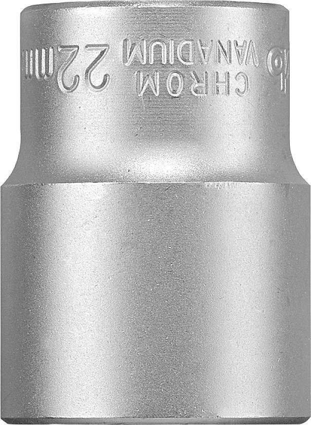 Metallisch glänzende Stecknuss mit der Aufschrift 'CrMoV 22mm', verwendet zum Anziehen oder Lösen von Schrauben oder Muttern.