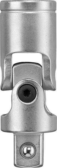 Ein silbernes Universal-Gelenk für Werkzeuge mit zwei Drehpunkten. Der obere Teil hat eine Steckbuchse und der untere einen Stecknussadapter.