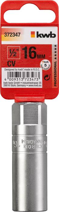 'kwb Steckschlüsseleinsatz', 16 mm, Chrom-Vanadium, Artikelnummer 372347. Verpackung zeigt Code und Herkunft: Hergestellt in R.O.C.