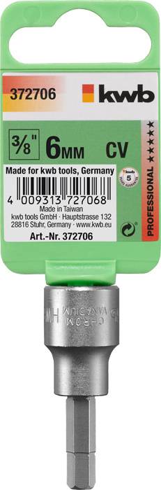 Bohrschrauber-Einsatz, 3/8 Zoll, 6 mm, CV-Stahl. Marke 'kwb'. Artikelnummer 372706. Herkunftsland: Taiwan. Verpackung betont Professionalität.