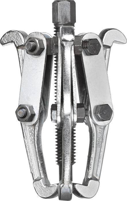 Ein dreizackiger mechanischer Abzieher aus Metall, verwendet zum Entfernen von Zahnrädern oder Lagern von Wellen.