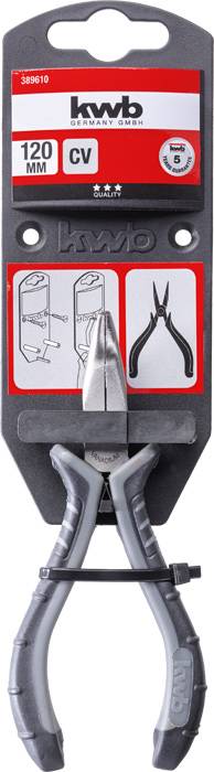 Verpackung für Kombizange, Marke 'kwb', 120 mm. Zeigt Diagramme zur Benutzung. Enthält Symbole für Material- und Größenangaben.