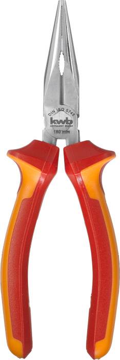 Eine spitze Spitzzange mit rotem und orangem Griff, geeignet zum Greifen und Biegen von dünnen Drähten oder kleinen Gegenständen.