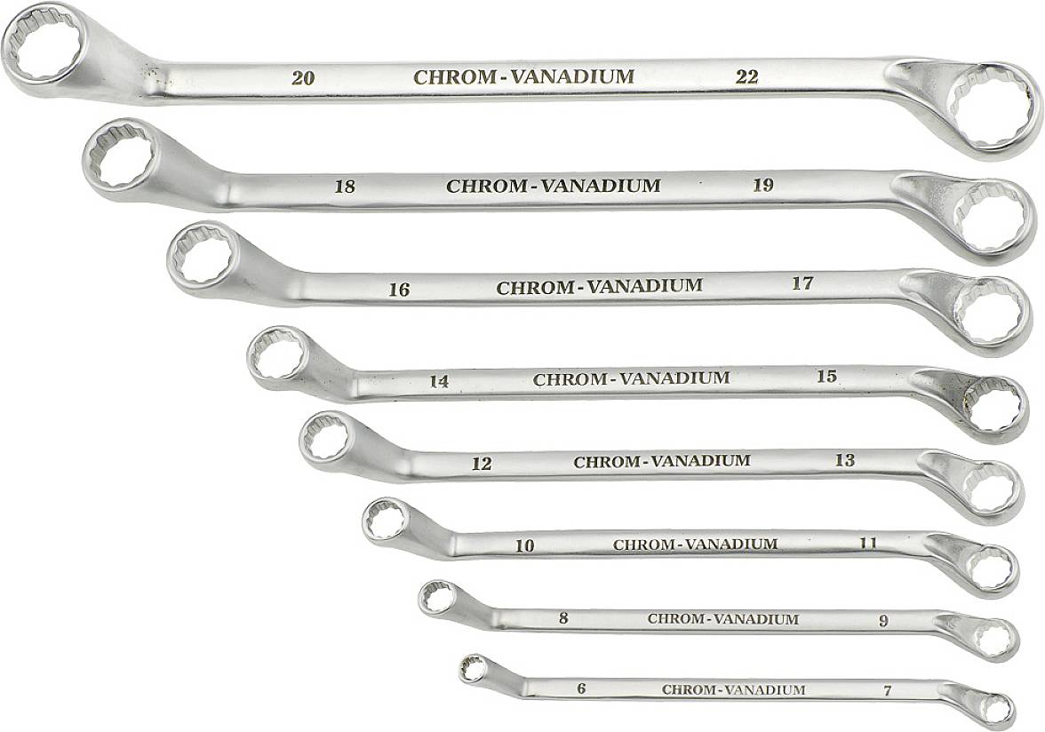 Eine Reihe von neun Doppelringschlüsseln aus Chrom-Vanadium, angeordnet nach Größe von 6-7 mm bis 20-22 mm.