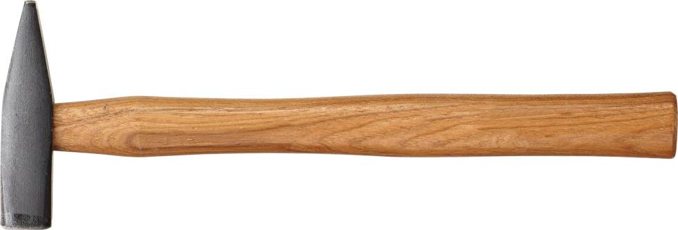 Ein Hammer mit Holzgriff und metallischem Kopf, seitlich liegend.