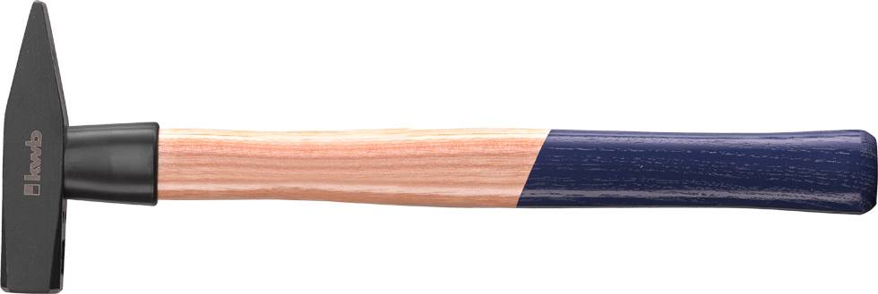 Ein Schmiedehammer mit einem schwarzen Kopf und einem Holzgriff mit blauem Ende.