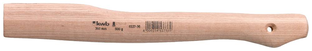 Holzhammerstiel mit glatter Oberfläche, leichter Krümmung und Loch am Ende zur Aufhängung. Aufgedruckt sind Maße und Barcode.