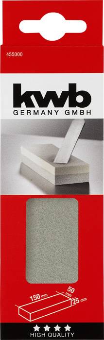 Verpackung eines Schleifsteins der Marke 'kwb Germany GmbH', zeigt ein Bild des Produkts mit den Maßen 150 x 50 x 25 mm.