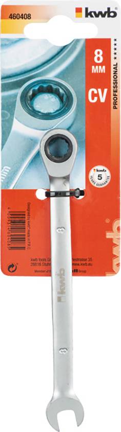 Schraubenschlüssel in Verpackung, Größe 8 mm, Marke 'kwb', verstellbar mit Ratschensystem. Verpackung ist rot und orange.