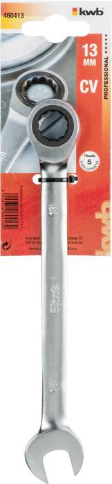 Schraubenschlüssel: Verpackung zeigt 13mm Schraubenschlüssel mit Ratschen-Funktion, Marke 'kwb', Modellnummer 60413. Geeignet für 13mm Muttern.