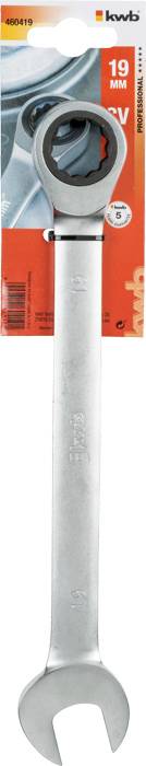 'Ratschen-Schraubenschlüssel, 19 mm, KWB' auf orangefarbener Verpackung. Werkzeug für Schraubarbeiten, abgebildet in Nahaufnahme.