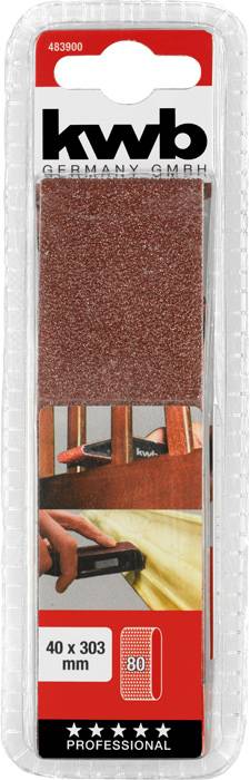 Schleifpapier-Set von KWB, Größe 40 x 303 mm, Körnung 80, fünf Sterne für professionelle Verwendung. Verpackung zeigt Anwendung am Holz.