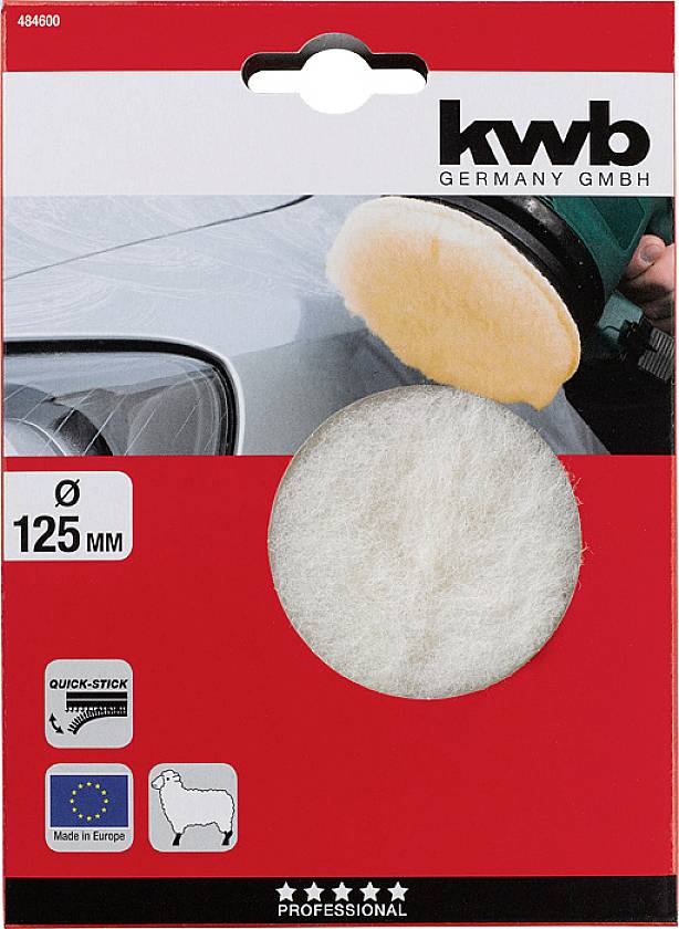 Schleif- und Polierpad-Verpackung von KWB für Autos. Zeigt einen Polierprozess auf einem Fahrzeug und Markeninformationen.