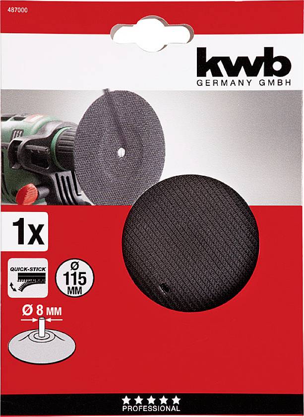 'Verpackung einer Schleifscheibe.' Markierung '115 mm', passend für 'Quick-Stick' Maschinen. Enthält 1 Schleifscheibe Ø 115 mm.