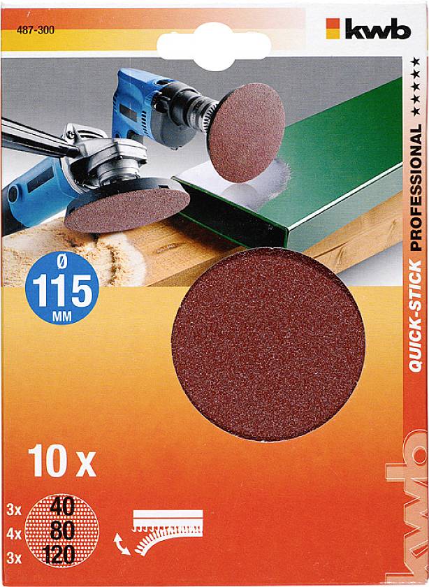 Verpackung von aufklebbaren Schleifscheiben, 115 mm, für Winkelschleifer. Enthält je 3 Scheiben in den Körnungen 40, 80, 120.