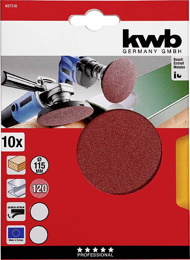 Verpackung von 10 Schleifscheiben, 115 mm, zur Verwendung mit Winkelschleifer. Markenname und Abbildungen der Anwendung sind sichtbar.