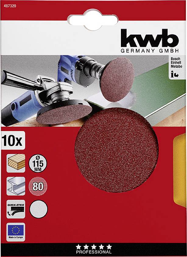 Verpackung von Schleifscheiben für Winkelschleifer, 10 Stück, 115 mm Durchmesser, Körnung 80, abgebildet auf rotem Hintergrund.