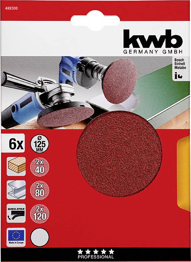 Schleifscheiben-Verpackung mit 6 roten Schleifscheiben, Durchmesser 125 mm, Körnung 40, 80, 120, geeignet für Holz und Metallbearbeitung.