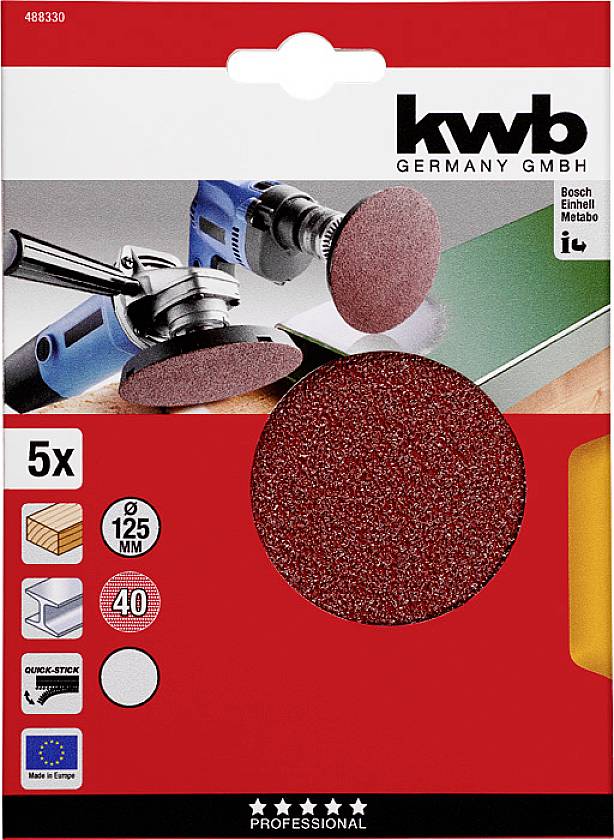 Schleifscheiben-Packung mit Schleifmaschine. Enthält 5 Stück, 125 mm Durchmesser, K40. Markenname oben. Verwendung für Holz, Metall.