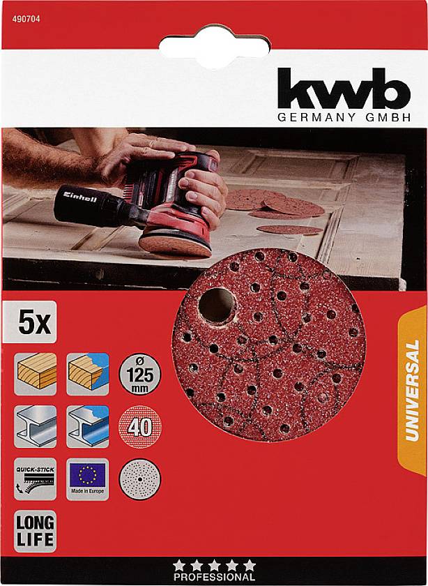 Kwb Schleifpapier für Exzenterschleifer, 5 Stück, 125 mm Durchmesser, geeignet für Holz, Farbe und Metall. Enthält Abbildungen und Symbole zur Anwendung.