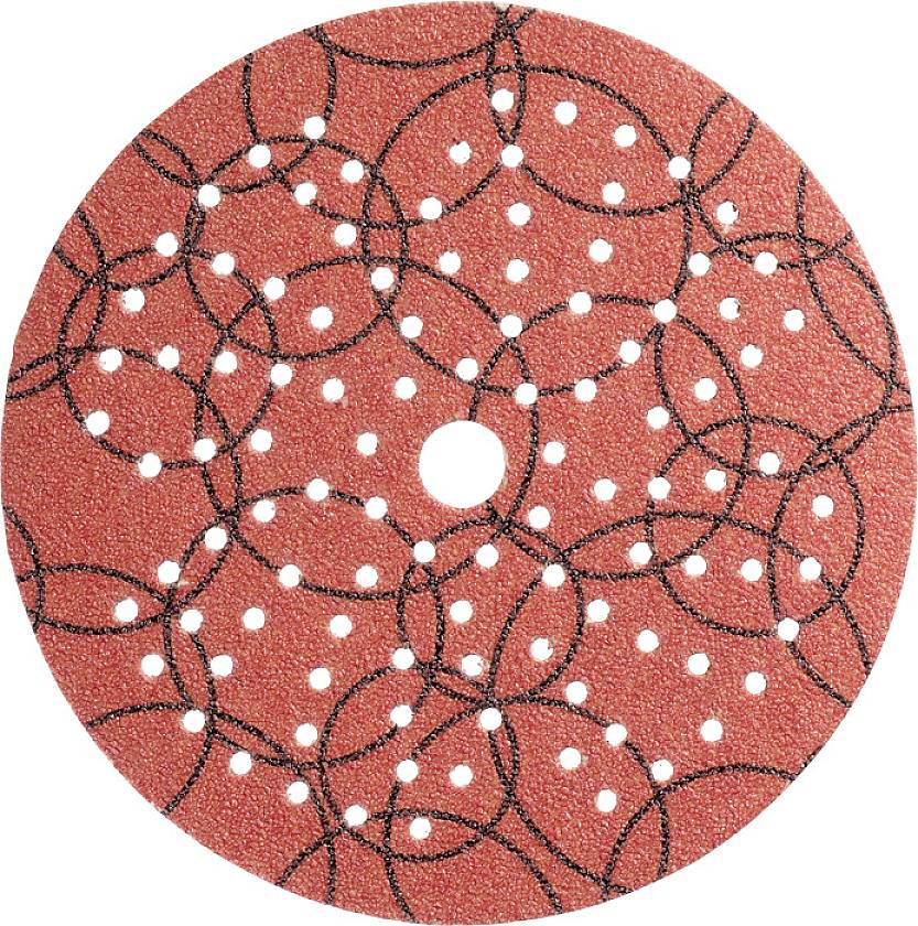 Runde Schleifscheibe, rot, mit vielen kleinen weißen Löchern und schwarzen Kreismustern, für Schleifarbeiten.