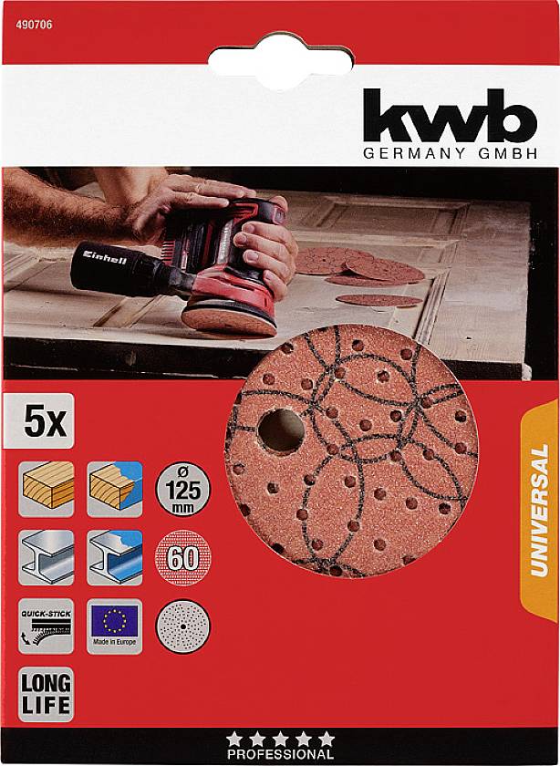 Verpackung für Schleifscheiben: Enthält fünf 125mm Universalscheiben für verschiedene Oberflächen; abgebildet mit Schleifmaschine in Aktion.