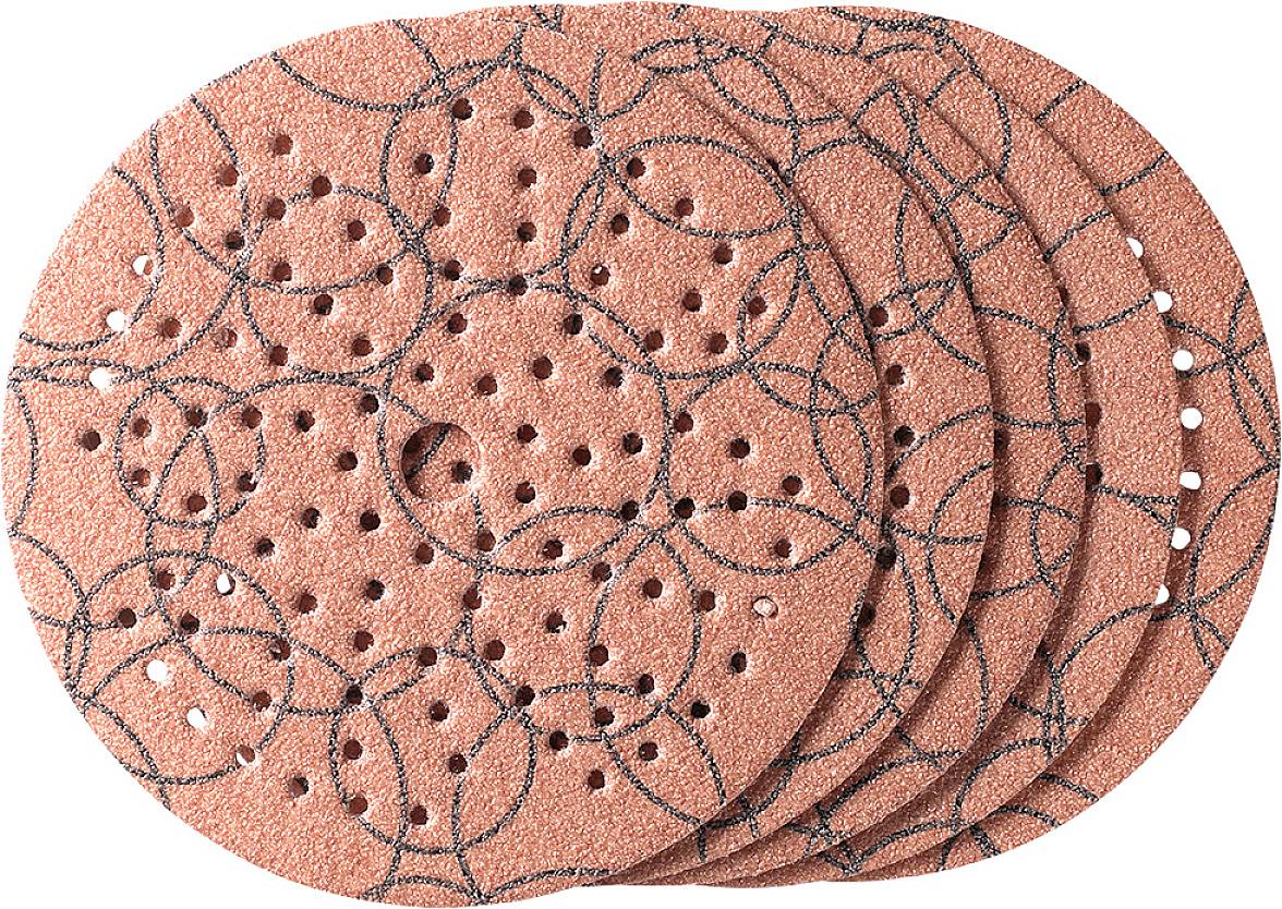 Vier runde, orange Schleifpapierscheiben mit schwarzen, überlappenden Kreisen und kleinen Löchern liegen überlappend gestapelt.