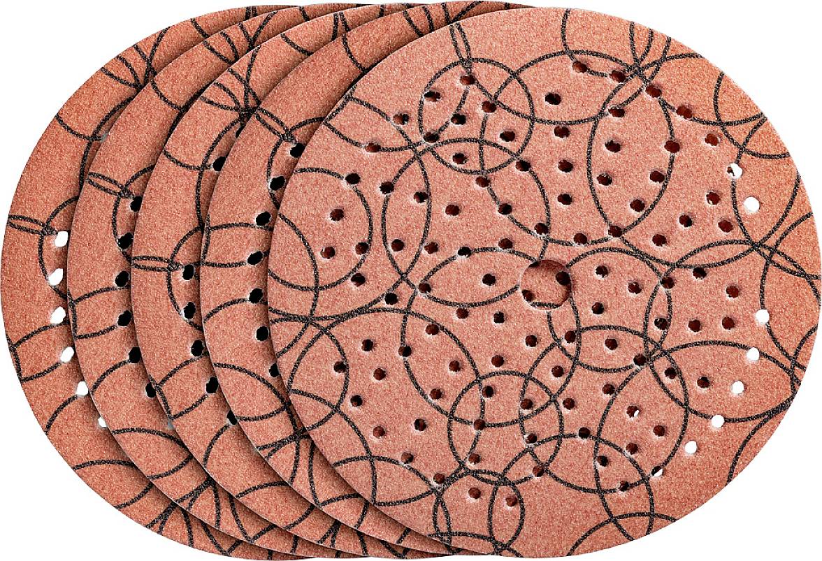 Fünf runde, rote Schleifscheiben mit schwarzen Kreismustern und Löchern, gestapelt hintereinander.