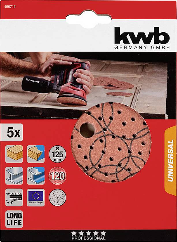 Verpackung von Schleifscheiben, geeignet für Holz und Metall, mit 125 mm Durchmesser. Enthält 5 Stück, Körnung 120. Abgebildetes Werkzeug.