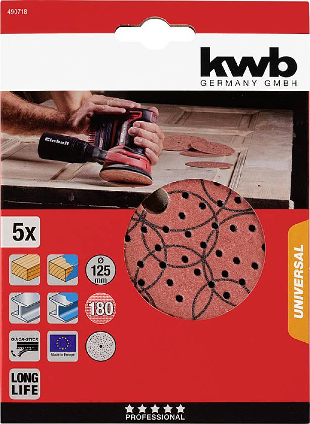 Mann schleift Holz mit einem Handschleifer. Verpackung enthält fünf runde Schleifblätter, 125 mm, für universelle Holz- und Metallverwendung.